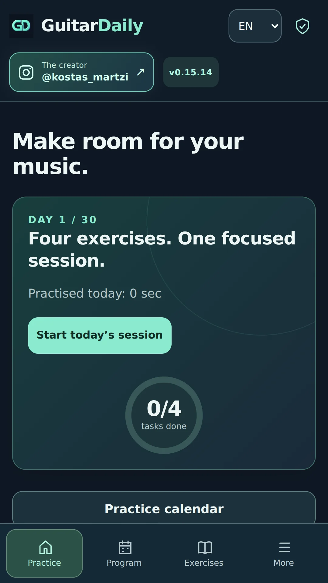 GuitarDaily daily practice home screen